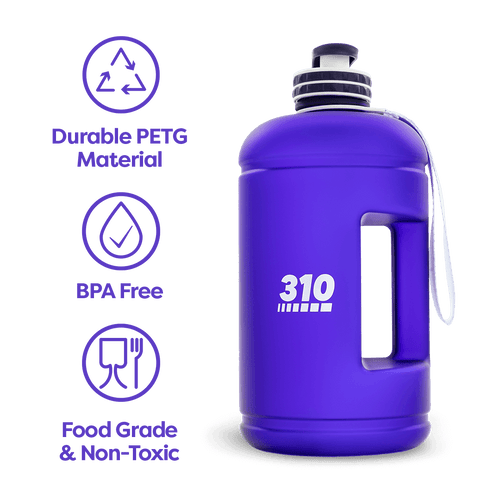 Purple mega hydration bottle showcasing its key features.