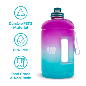 Purple/Turquoise colored mega hydration bottle showcasing its key features.