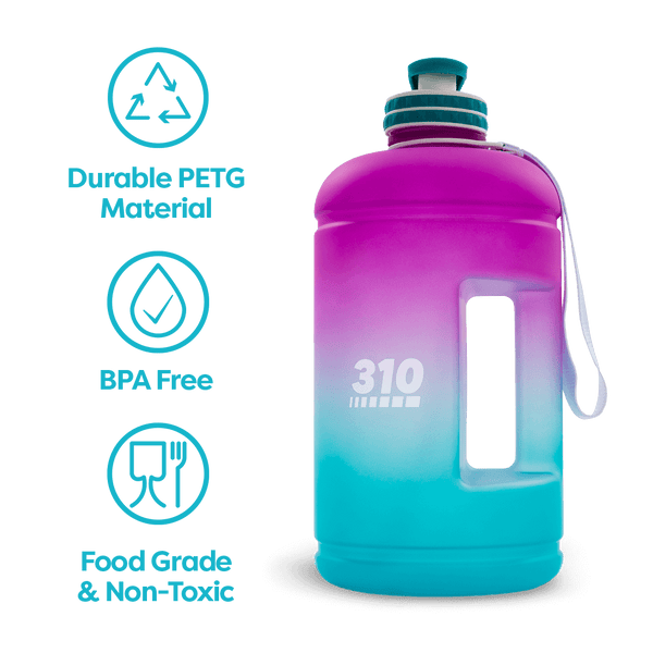 Purple/Turquoise colored mega hydration bottle showcasing its key features.
