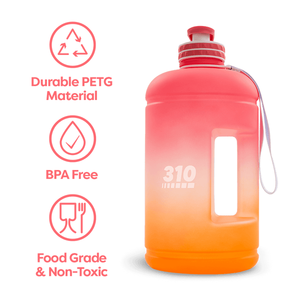 Sunset colored mega hydration bottle showcasing its key features.