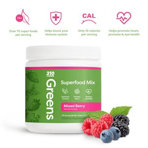 Container of 310 Greens Superfood Mix in Mixed Berry with fresh berries featuring its benefits.