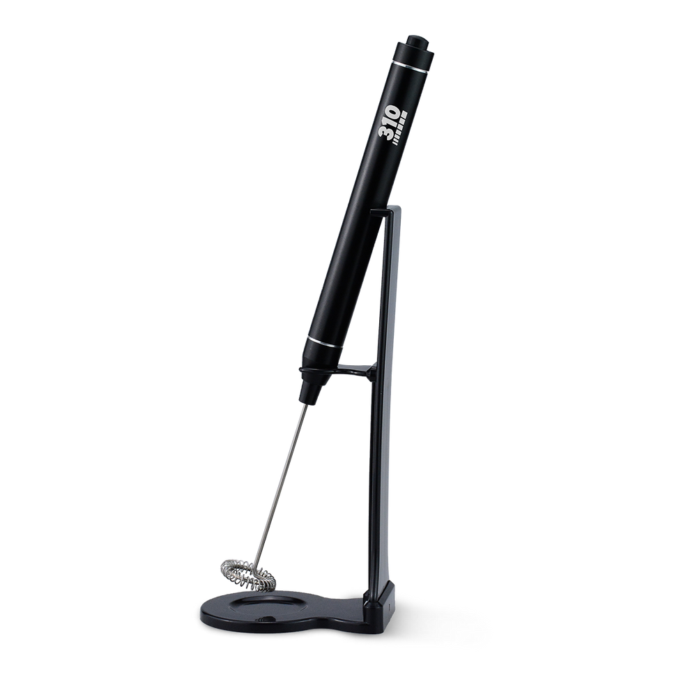 A black 310 Frother used for blending drinks, creating foam, and mixing supplements.