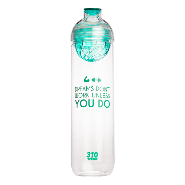 Teal 310 water infuser bottle with a "Dreams Don't Work Unless You Do" quote.