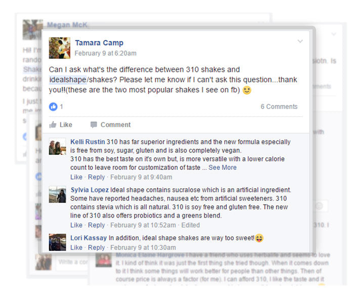 A screenshot of Tamara Camp's Facebook post asking the difference between 310 shake and idealshape.