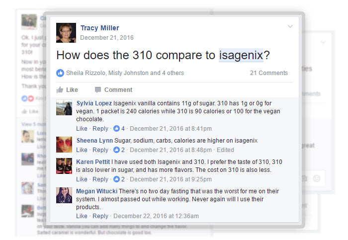 A screenshot of Angel Acosta's FB post on her Herbalife headache experience and considering 310. 
