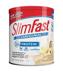 A SlimFast Original protein shake in their new look container.
