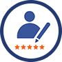 A blue circle icon of a person, pen, and five orange stars.